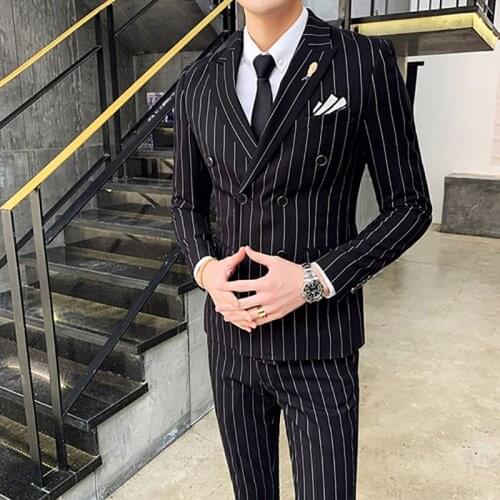 Double Breasted Slim Fit Blue Stripe Men Suit Formal 2 Piece Business Tailor Made Men Suit Groom Wedding Tuxedo
