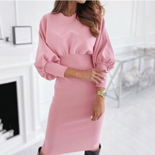 European and American casual fashion street solid color round neck waist knit sweater sexy bag hip dress womens clothing