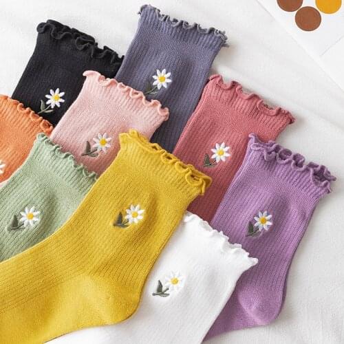 Q Pure Color Cotton Polyester Spandex Breathable Retro Style Mid Tube Socks for Women 1Pair Nice Gift Frilly Cartoon Floral