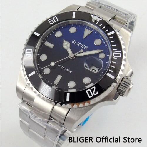 Sapphire Crystal BLIGER 43MM Black Blue Dial Black Ceramic Bezel Luminous Marks Miyota Automatic Movement Mens Watches B20