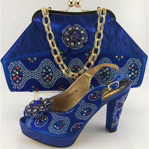 Shoe and Bag Set African Sets Decorated with Rhinestone Matching Italian Shoe and Bag for Women Shoes High Heel ME7701 blue
