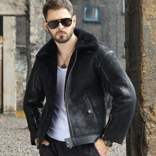 New Mens Black Shearling Jacket Short Fur Coat Retro Leather Jacket Thicken Wool Coat Fashion Motorcycle Jacket