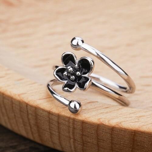 New S925 Sterling Silver Drip Oil Black Rose Flower Adjustable Rings for Girl Gift Open Ring Women Sterling Silver Jewelry