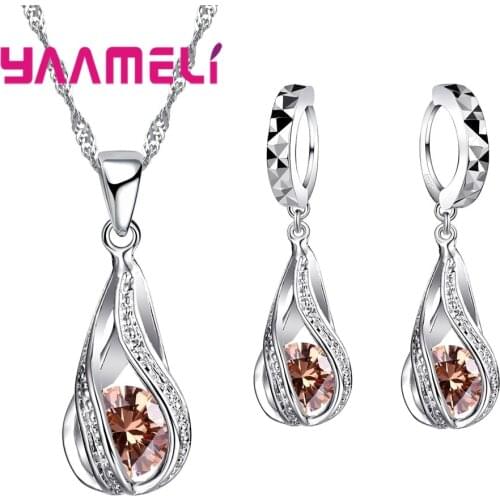 New Muliple Colors 925 Sterling Silver Classic Drop Shape Shinning Crystal Jewelry Sets Necklace Pendant Long Earrings Big Sale