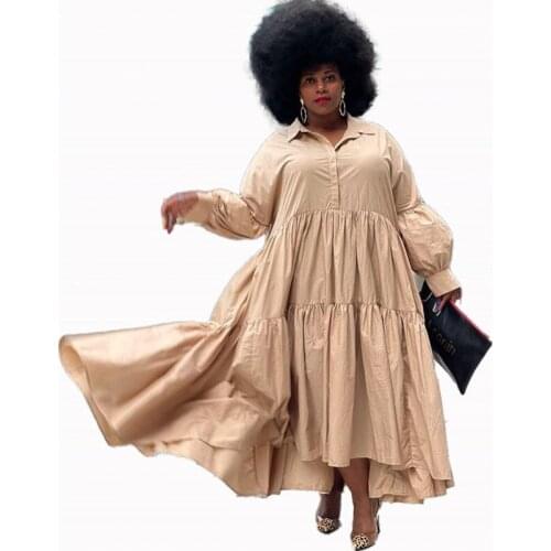 5XL Plus Size Women Dress Lantern Sleeve Ruffle Patchwork Robes Autumn New Solid Street Style Casual Large Size Long Shirt Dress