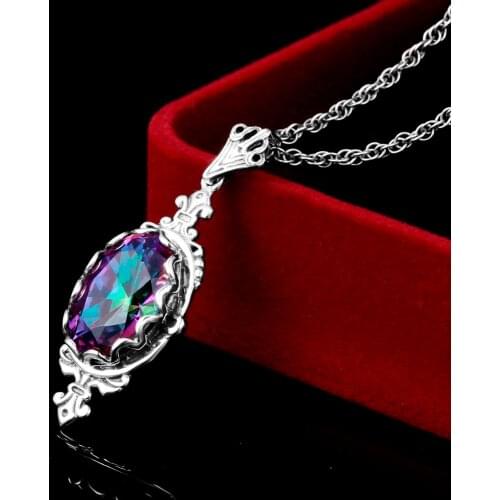 Rainbow Gem Stone Pendant Women Necklace Vintage Gothic 925 Silver Jewelry Noble Euro Medieval Dresses Accessories Elegent Lady