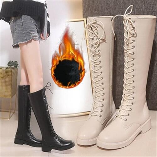 Knight Boots Womens Lace Up High Boots 2021 Autumn Winter Warm New Middle Heel Shoes Female Long Tube Boots Mujer Beige Black
