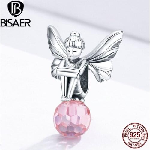 Fairy Beads BISAER High Quality 925 Sterling Silver Flower Elf Pink Zircon Beads Charms for Original Silver 925 Jewelry ECC1483