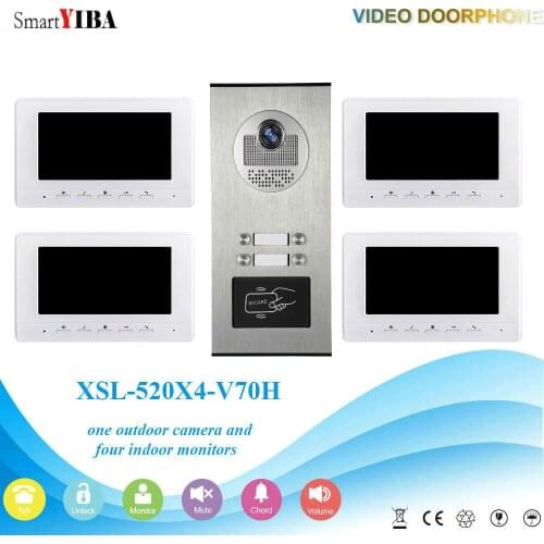 SmartYIBA 4 Unit Apartment Video Intercom System Video Door Phone Doorbell Kit 7 Inch Monitor with RFID Access Door Camera