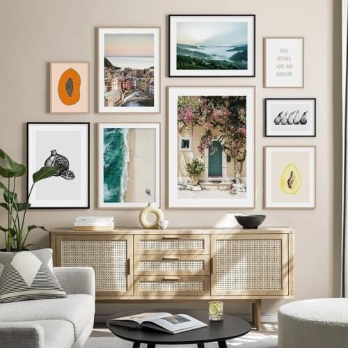 Greek House with Flowers Town Landscape Fruit Beach Valley Canvas Painting Wall Art Poster Print Picture Living Room Home Decor