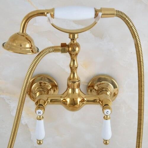 Modern Polished Gold Color Brass Wall Mount Bathtub Faucet with Handheld Shower Set +1.5M Hose Mixer Tap 2na844