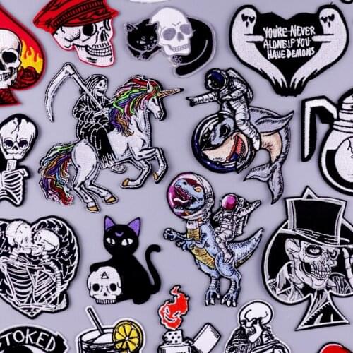 Punk Animal Embroidery Patches For Clothing Skull Patch Iron On Patches On Clothes Stripe Badge Grim Reaper Patch Applique Decor
