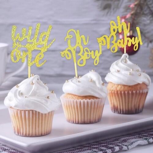 10/20pcs Glitter Oh Baby Cupcake Topper Wild One 1st Birthday Cake Topper Baby Shower Decoration Dessert Baking Decor Cake Flag