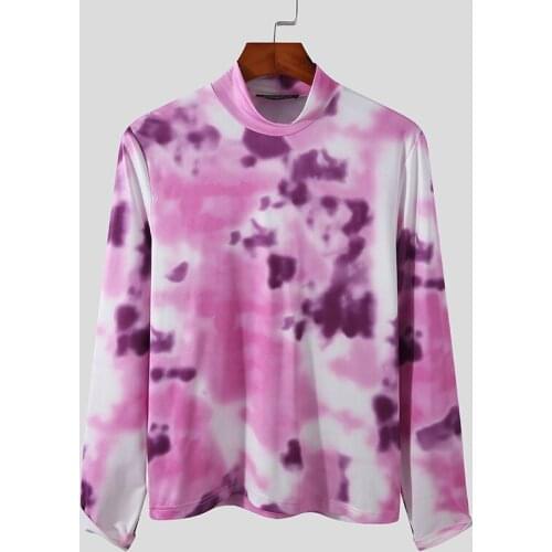 INCERUN Tops 2021 American Style Casual Tees Half-high Neck Tie-dye Printing Sexy Leisure Long-sleeved Bottoming T-shirt S-5XL