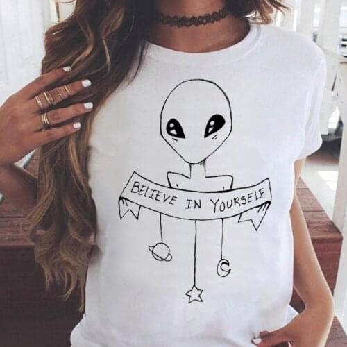 Women Graphic Alien Funny Cute Casual Short Sleeve 90s Summer Casual Fashion Print Female Clothes Tops Tees Tshirt T-Shirt