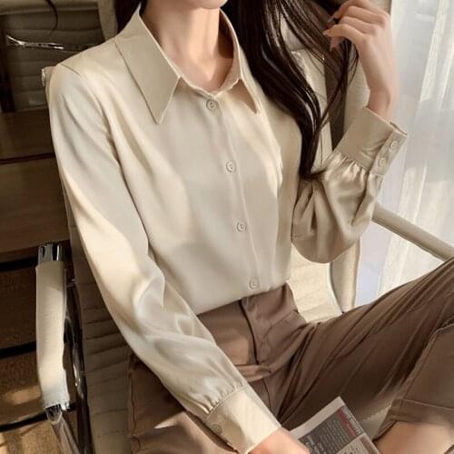Shirt Female Korean Fashion Satin Silk Top Womens Office Wear Ladies Tops V-Neck Solid Button Up Shirt Harajuku Blusas 1201