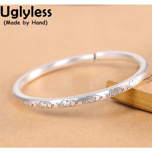 Uglyless Lucky Animals Elephants Bangles for Women Solid Ag999 Pure Silver Jewelry Protect Animals Bangle Exotic Elephant Bijoux