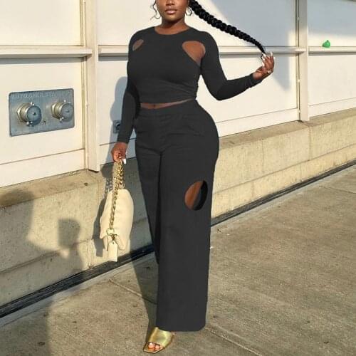 Women Two Piece Long Pants Set Hollow Round Neck Solid Color Long Sleeve Crop Top & Broken Copper Loose Pants Set Fall