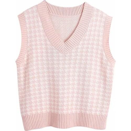 Women 2021 Fashion Oversized Houndstooth Knitted Vest Sweater Vintage Sleeveless Side Vents Female Waistcoat Chic Tops