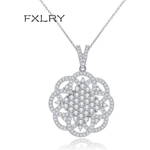 FXLRY New Design Vintage White Color Cubic Zircon Geometric Hollow Out Flowers Pendant Necklaces For Women Jewelry