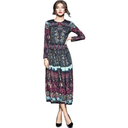 BunniesFairy 2020 Spring Autumn Women Catwalk Runway Designer Retro Geometric Floral Print Long Dress Feminine Robe Vestidos