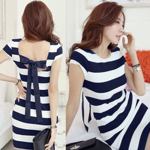 Summer Dress Women Plus Size 3XL K-pop Korean Cut Out Tie Bow Backless Striped Vestido Nightclub Sexy Casual Mini Dress Femme