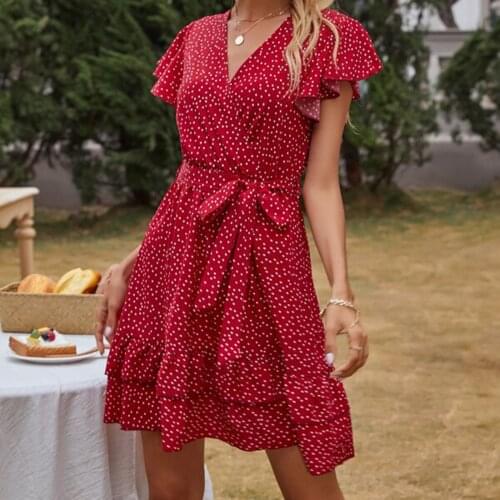 Women Fashion V-neck Polka Dot Dress Stylish Short Sleeve Lace-up Dress for Ladies Female