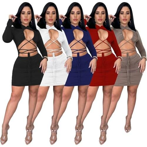 Women Solid Ruched Mini Dress Sexy Hollow Out Show Belly Lace Up Bodycon Evening Club Party Dresses Bandage Women Clothes Robe