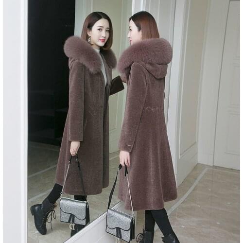 Women Sheep Shearing Coat 2021 Female Winter New Haining Real Fox Fur Over-the-knee Fur Long jacket Hooded With Fur collar Coat6