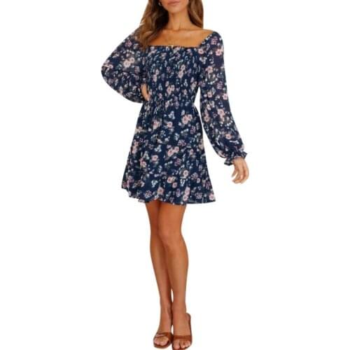 Women Floral Printed Pattern Dress Square Collar Long Sleeve Big Hem Skirt Navy/ Brick Red