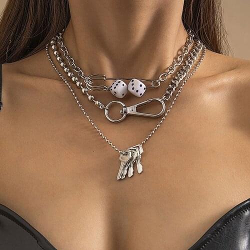 Punk Creative Dice Pin Key Pendant Necklaces Women Vintage Multilayer Geometric Beaded Chains Clavicle Necklace Colar Jewelry