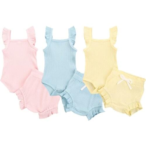 2021 0-18M Summer Lovely Baby Girls Boys Clothes Sets Solid Knit Ruffles Sleeve Bodysuit Tops + Drawstring Shorts Toddler Outfit