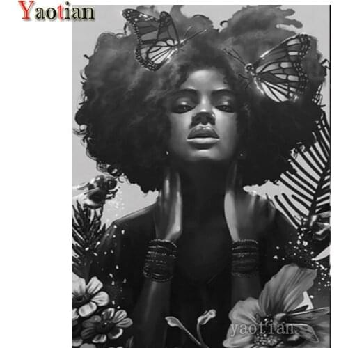 African Woman Butterfly Flower Diamond Painting 5D Diamond Mosaic Embroidery Rhinestone Full Drill Square Cross Stitch Kit Decor