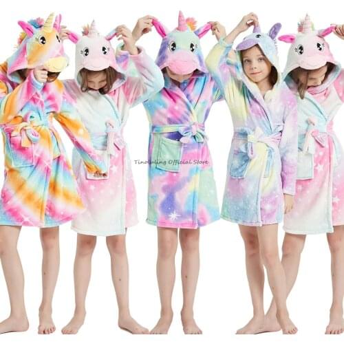 Kigurumi Bathrobe For Kids Girls Animal Flannel Sleepwear Boys Rainbow Unicorn Bath Robe Children Peignoir Baby Towel Robe