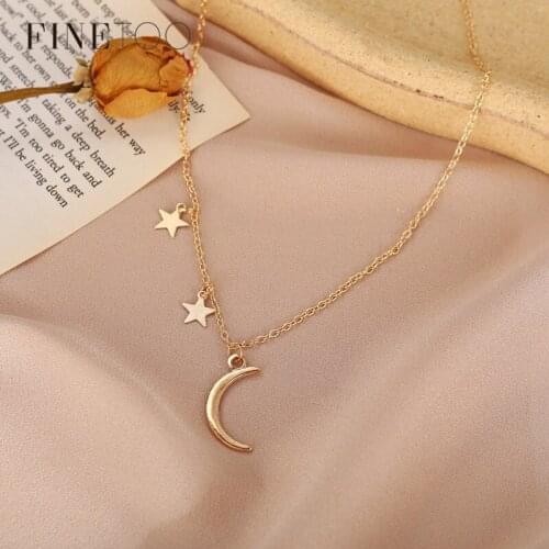 Bohemian Gold Color Star Moon Necklace Simple Geometric Pendant Necklace for Women Statement Jewelry Gift 2020