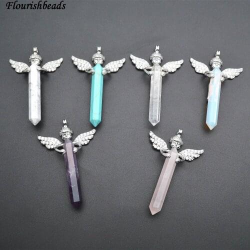 Large Selection Natural Stone Pillar Rhodium Color Metal Angel Double Wings Pendants ( Amethyst / Rose Quartz / Opal / Crystal )