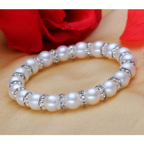 10mm Genuine Natural White shell Pearl Crystal Bracelet Bangle 7.5''AAA