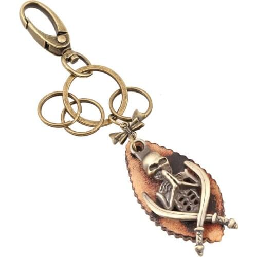 Bronze Plated Genuine Leather Skull Keychains Punk Vintage Car Keyring Women Men Bag Pendant Keyfobs Charm Jewelry Gift FY073