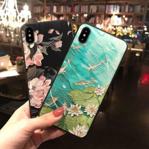 Lotus Koi Embossed Phone Case for iPhone 11 12ProMax XS MAX XR Coque Fashion Pink Flower Back Cover for iPhone X 8 7 Plus Fundas