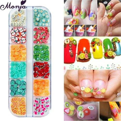Monja 12Grids/Box Nail Art Colorful Polymer Clay Tiny Slices 3D Charm Summer Fruit Pattern Flake DIY Design Manicure Decorations
