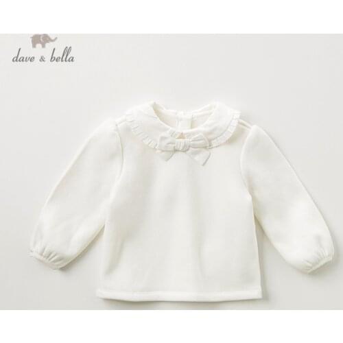 DB11650 dave bella winter baby girls cute removable bow T-shirt children long sleeve tops girls high quality kids fashion tees