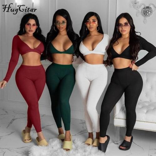 Hugcitar 2020 Long Sleeve Solid V-Neck Backless Skinny Tshirt Leggings 2 Piece Set Autumn Winter Women Sexy Streetwear Tracksuit