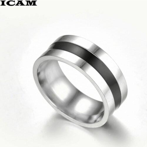 ICAM Size 6-12 Vintage Men Jewelry Stainless Steel Ring Fashion Minimalist Design Black Enamel Mens SIlver Rings