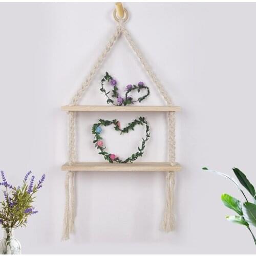 Artificial Woven Cotton Rope Double-layer Wood Flower Pot Decoration Tray Bracket Wall Wooden Home Furnishings