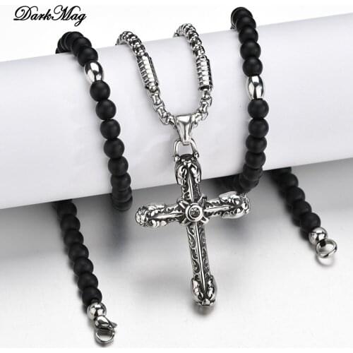 DarkMag stone bead & cross pendant necklace for Men Women Catholic Christ Titanium Steel Rosary Cross Pendant