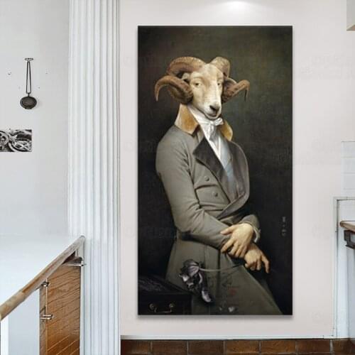 Canvas Oil Painting Retro Nostalgia sheep Gentleman Lady Wall Art Ram Animal Poster Prints Living Room Home Decor