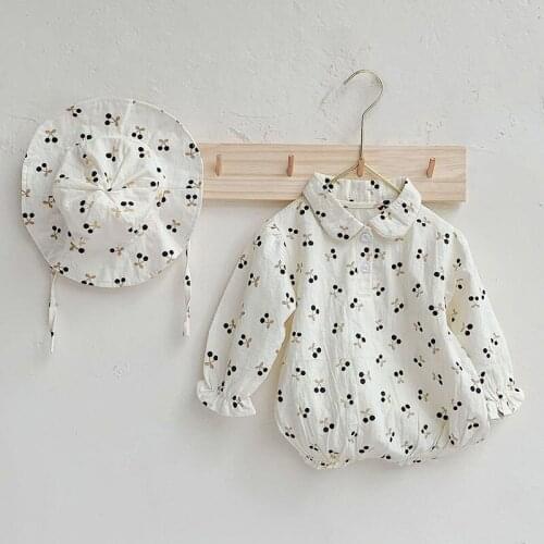 New Newborn Infant Baby Girls Cherry Flowers Rompers + Hat Clothing Spring Kids Girl Long Sleeve Rompers Clothes