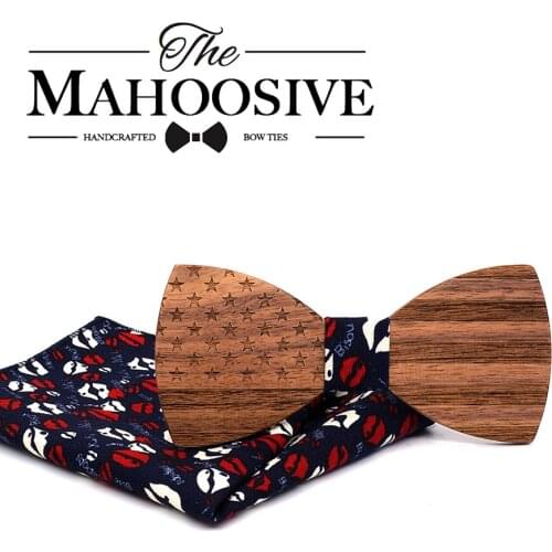 Mahoosive 2018 New Design Wood Bow ties for men Wedding Business Bowtie Butterfly Cravate Formal Handerchief Bowtie Suits set