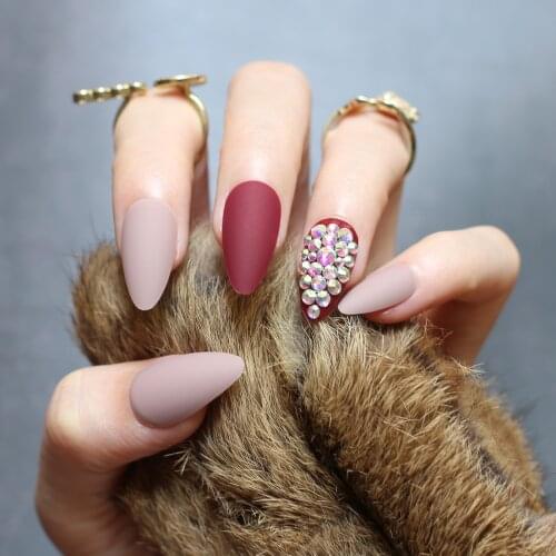 Matte stiletto Dark coffee full crystal fake nails nude full set 28pcs Burgundy Ruby red wedding Fake nails