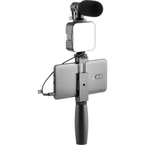 Vlog Microphone W Phone Cold Shoe Mount Handle Grip Tripod Video Led Light Rig for iPhone 11 Pro Max Huawei Smartphone Vlogging
